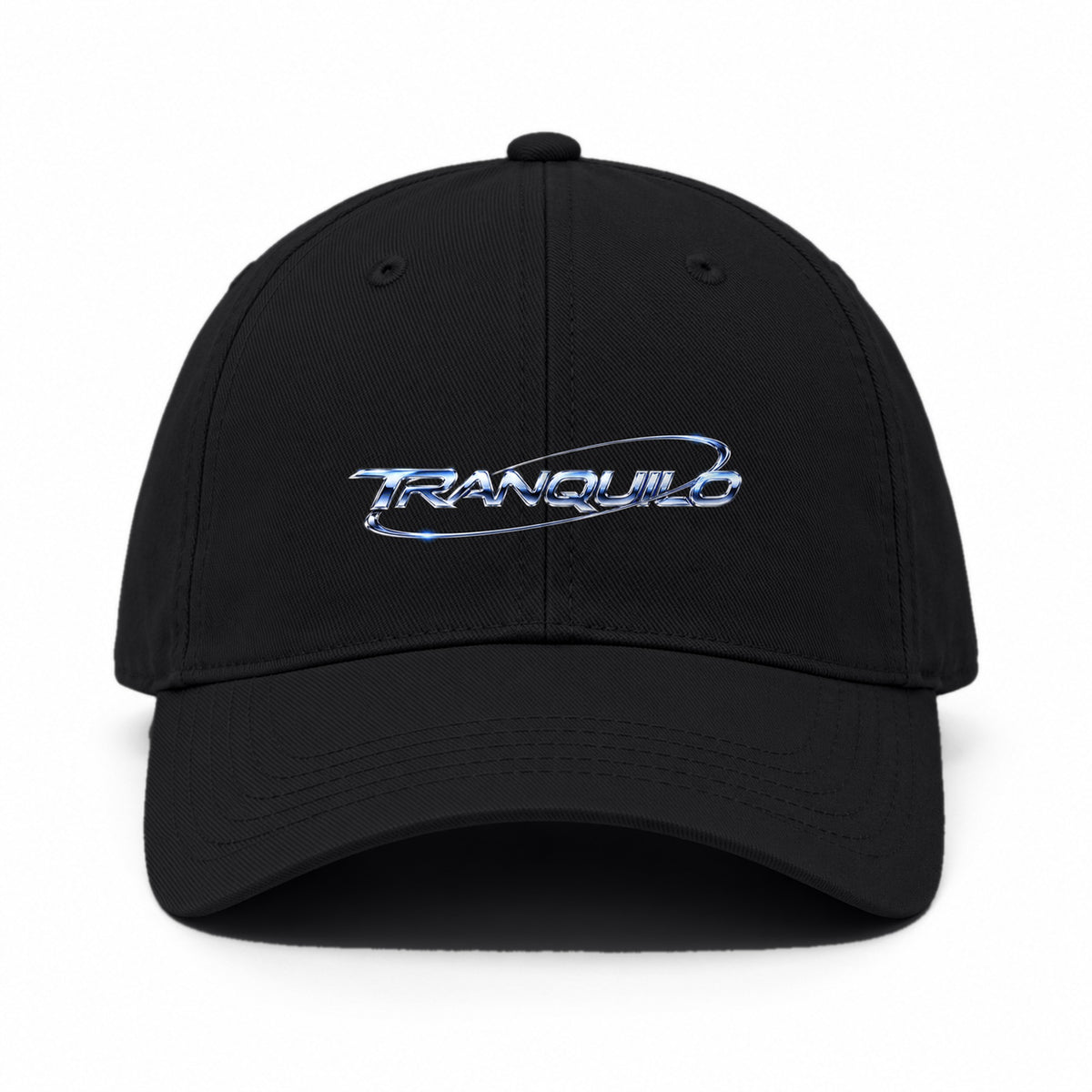 Black cap with TRANQUILO in Y2K chrome on the front