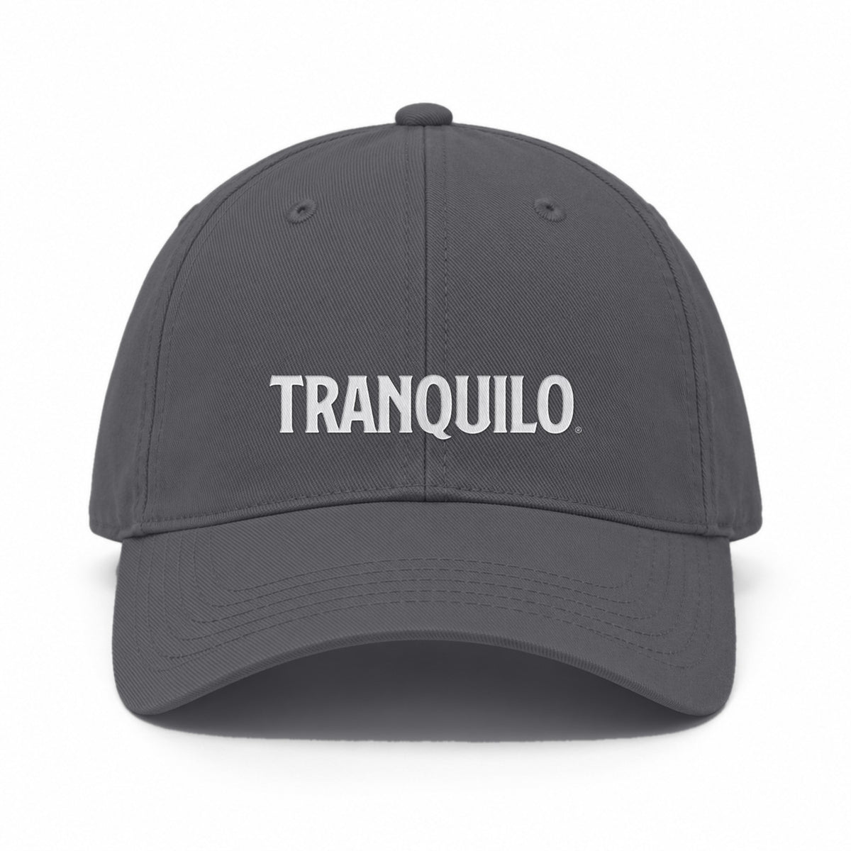 Charcoal cap with TRANQUILO embroidered in white