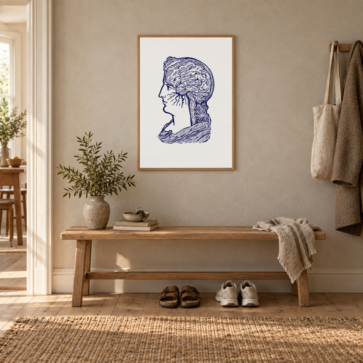Poster Sereena, white, in an oak frame above a hallway bench