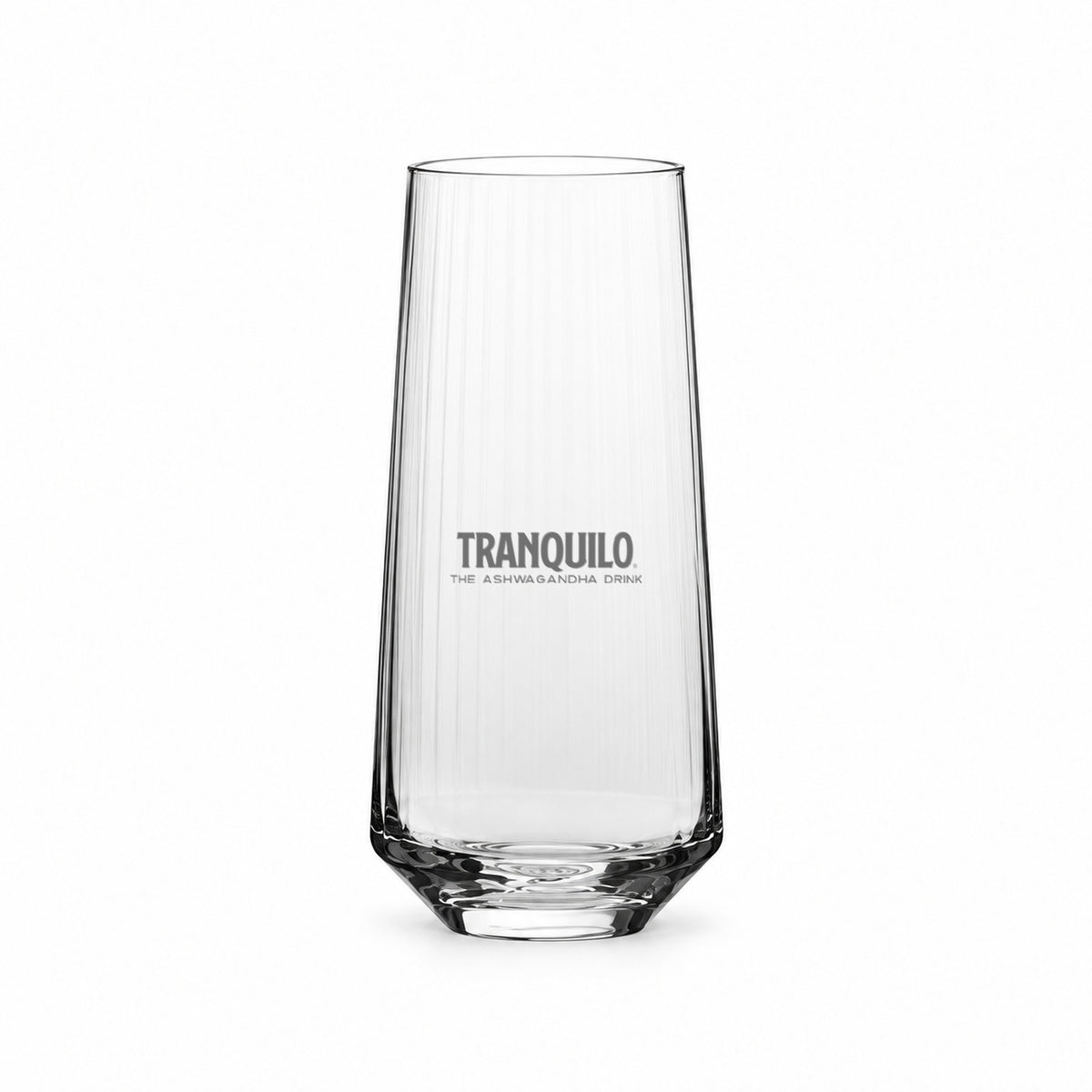 Perfect Serve Glass with fine vertical ribs, engraved with the Tranquilo logo