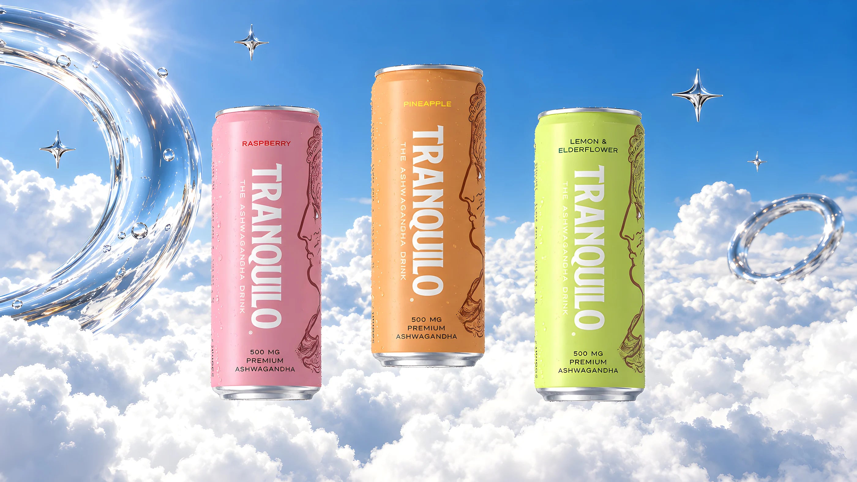 Tranquilo Raspberry, Pineapple and Lemon & Elderflower floating above the clouds with chrome rings