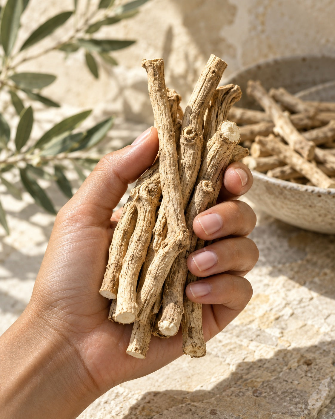 A hand holding dried ashwagandha roots in Mediterranean sunlight