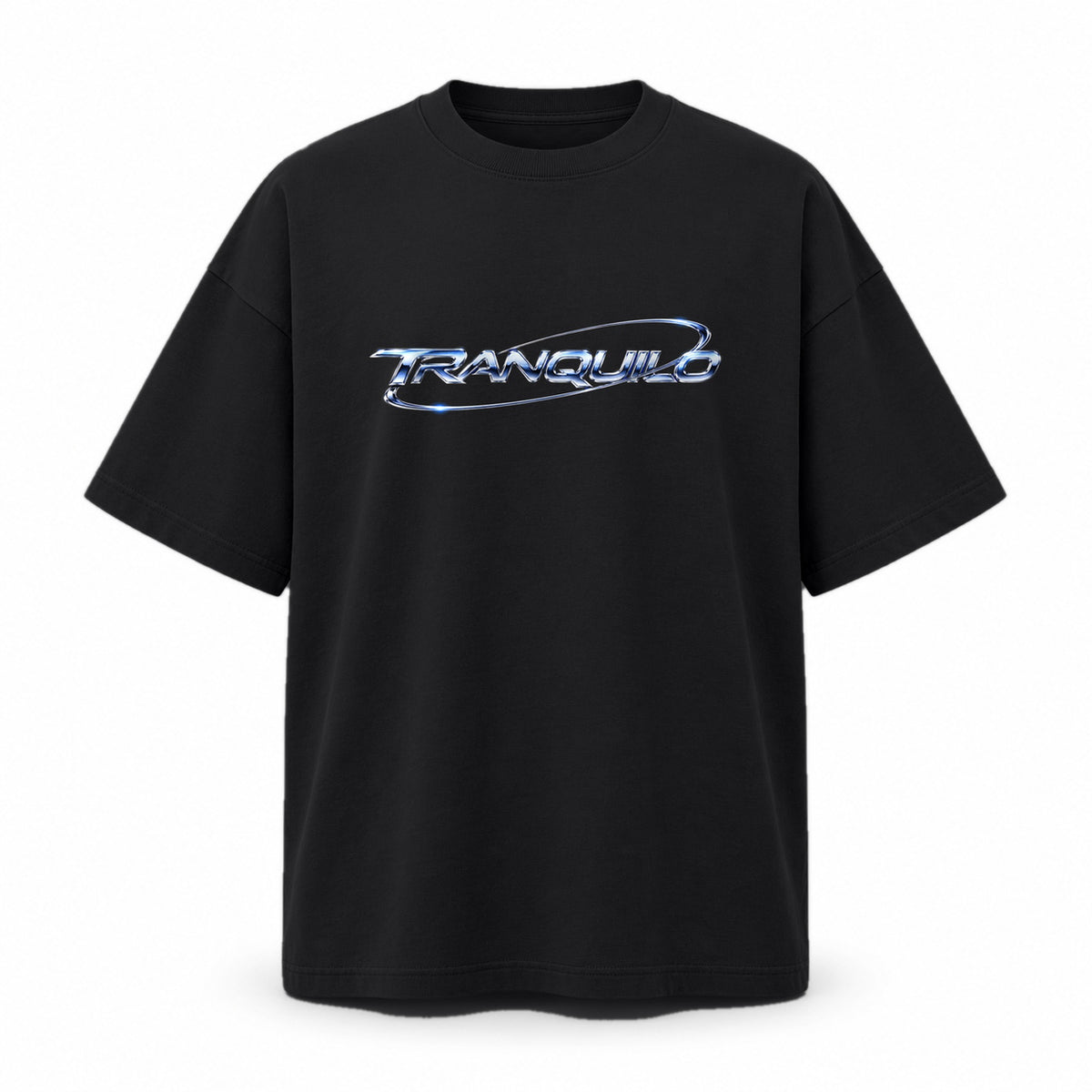 Black T-shirt with TRANQUILO in Y2K chrome across the chest