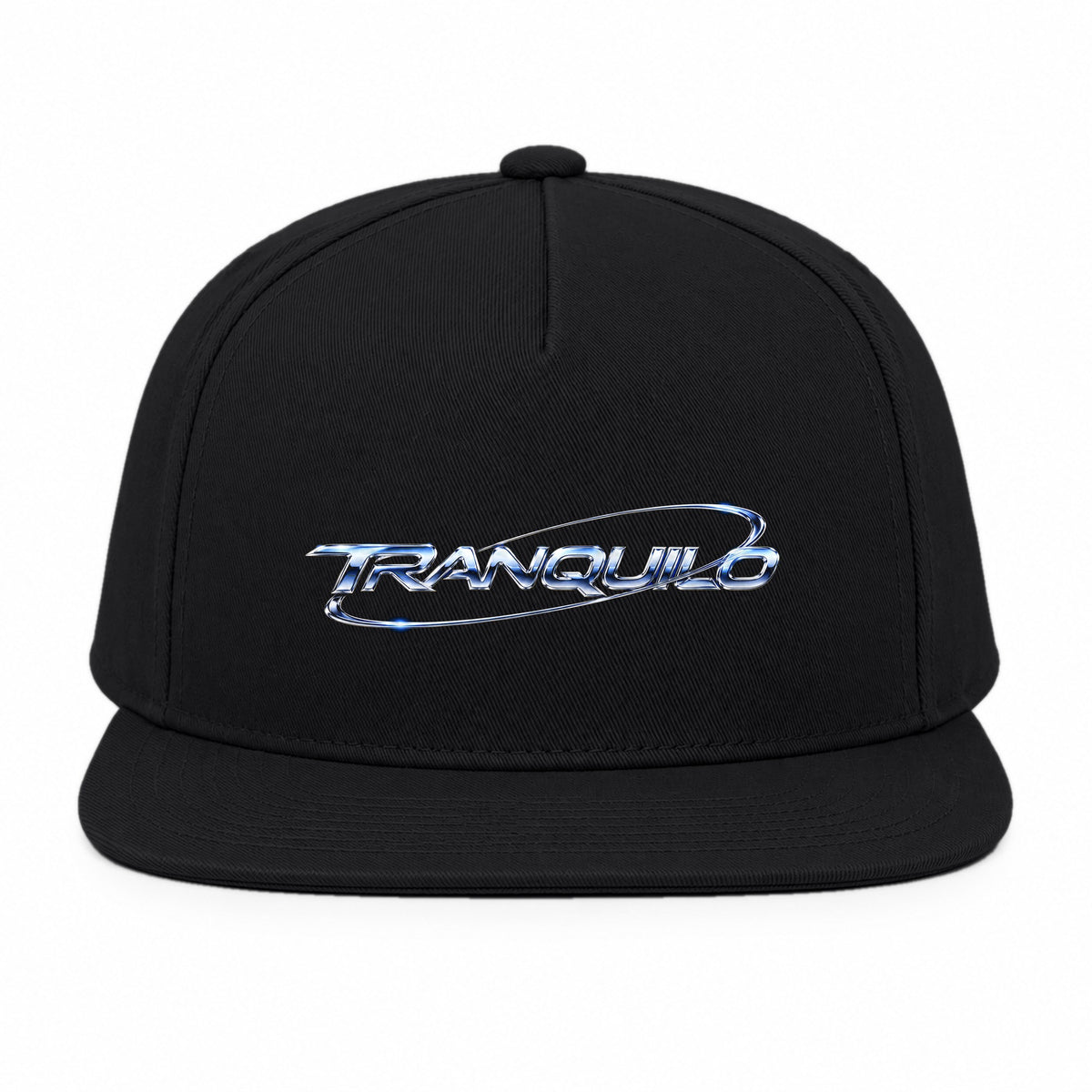 Black snapback with TRANQUILO printed on the front in Y2K chrome