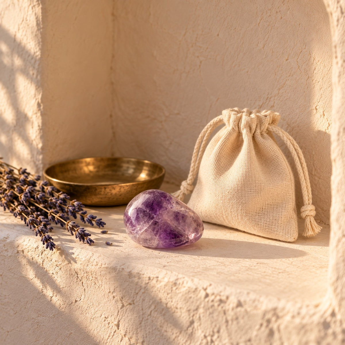 Tumbled amethyst stone in a plaster niche with dried lavender