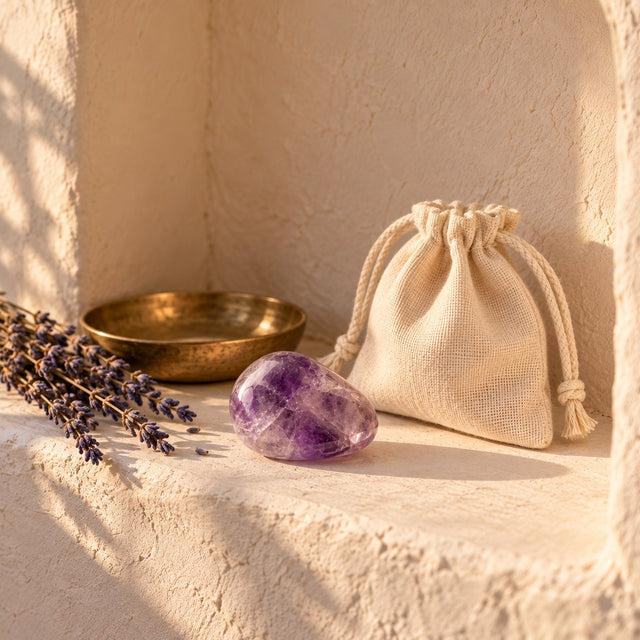 Tumbled amethyst stone in a plaster niche with dried lavender