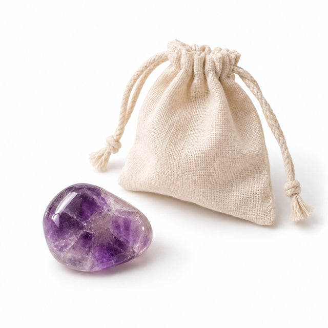 Tumbled amethyst stone next to a cotton pouch on a white background