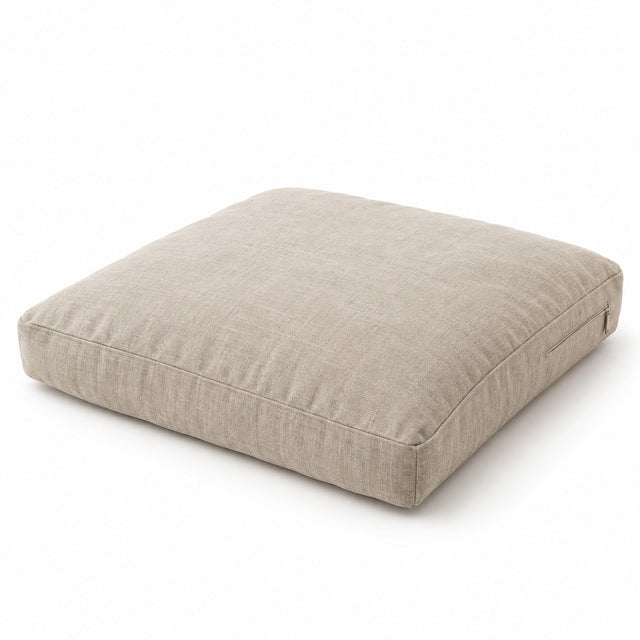 Square meditation cushion in oatmeal linen on a white background