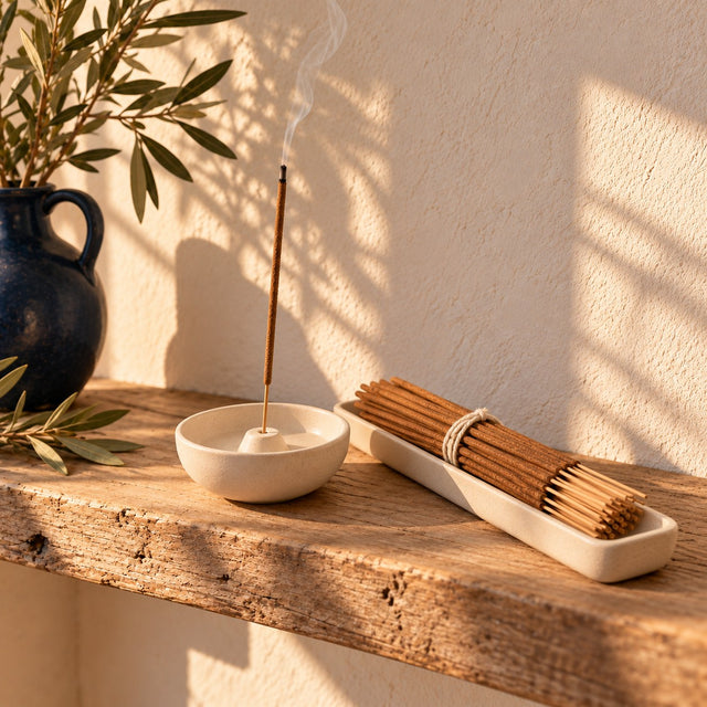 Palo santo incense set on a wooden shelf, one stick burning in the ceramic bowl