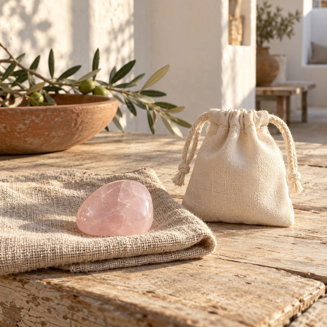 Tumbled rose quartz stone on raw linen on a wooden table