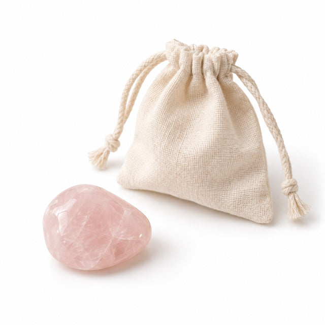Tumbled rose quartz stone next to a cotton pouch on a white background