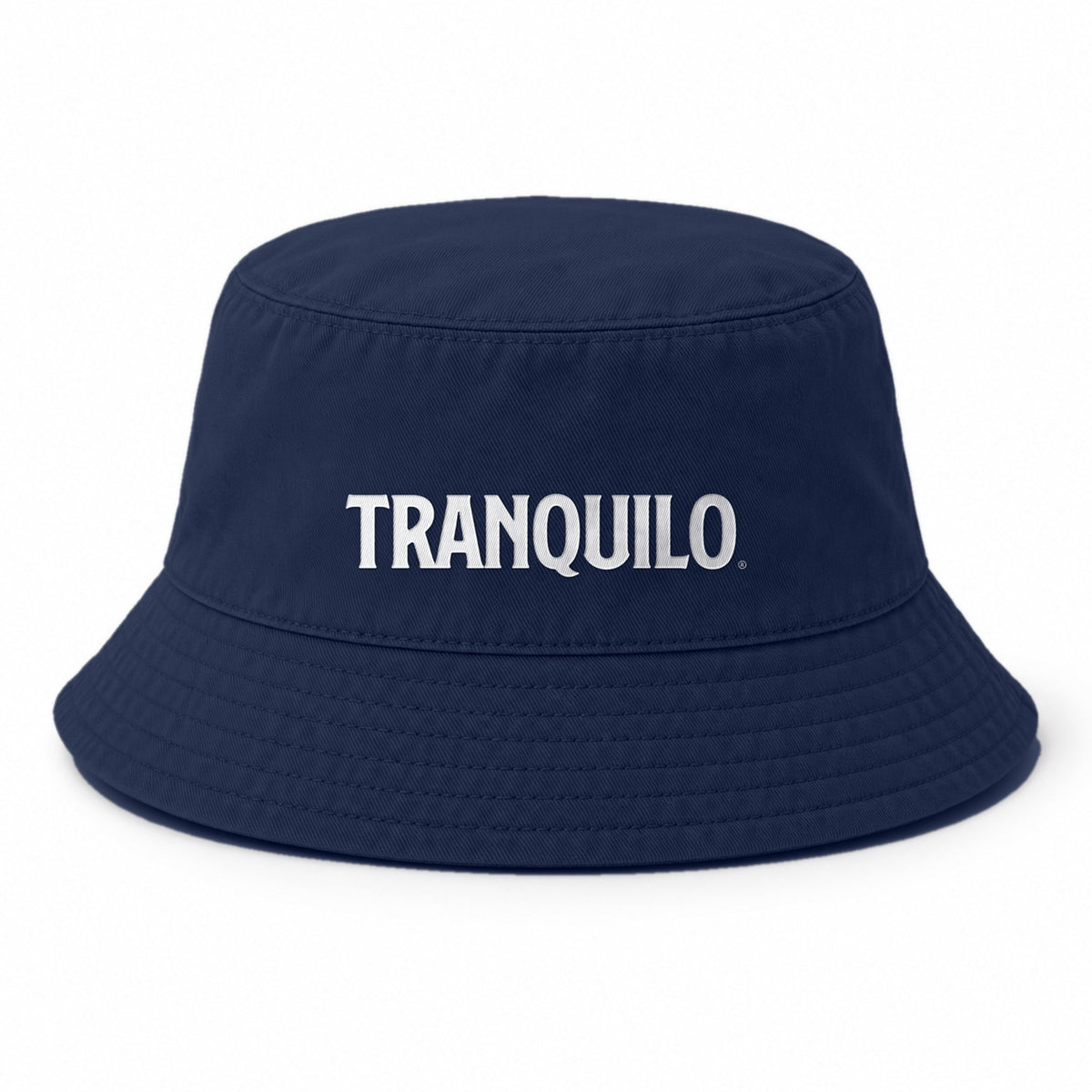 Navy bucket hat with TRANQUILO embroidered in white