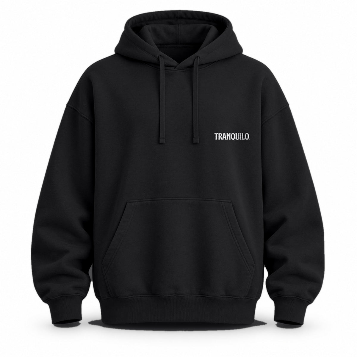 Black hoodie with a small TRANQUILO embroidered in white on the chest
