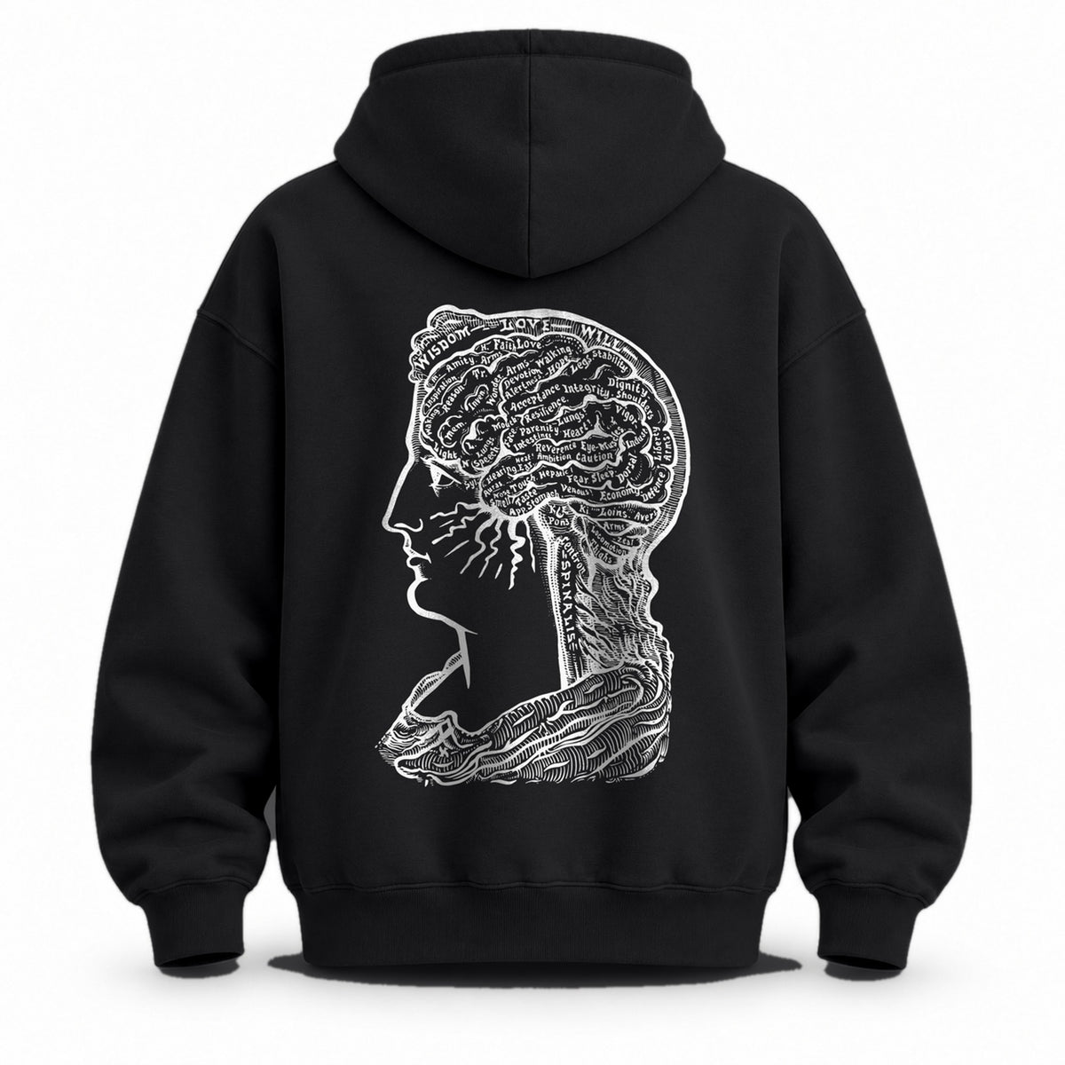 Back of the black hoodie with Sereena printed large in white