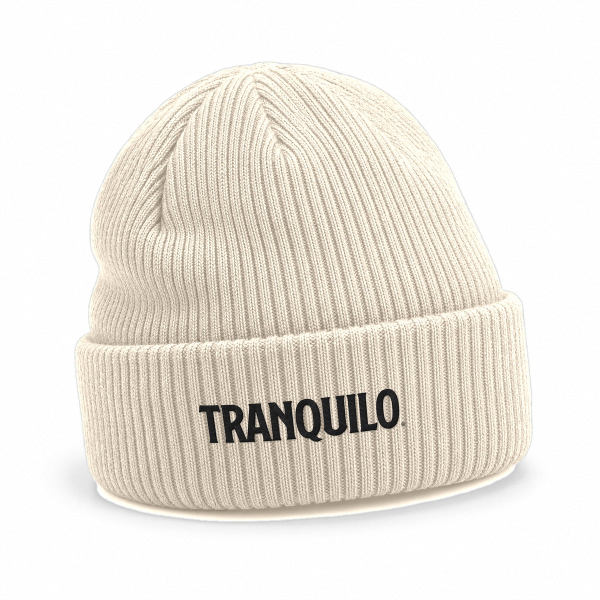 Beanie in Sand with TRANQUILO embroidered in black on the cuff