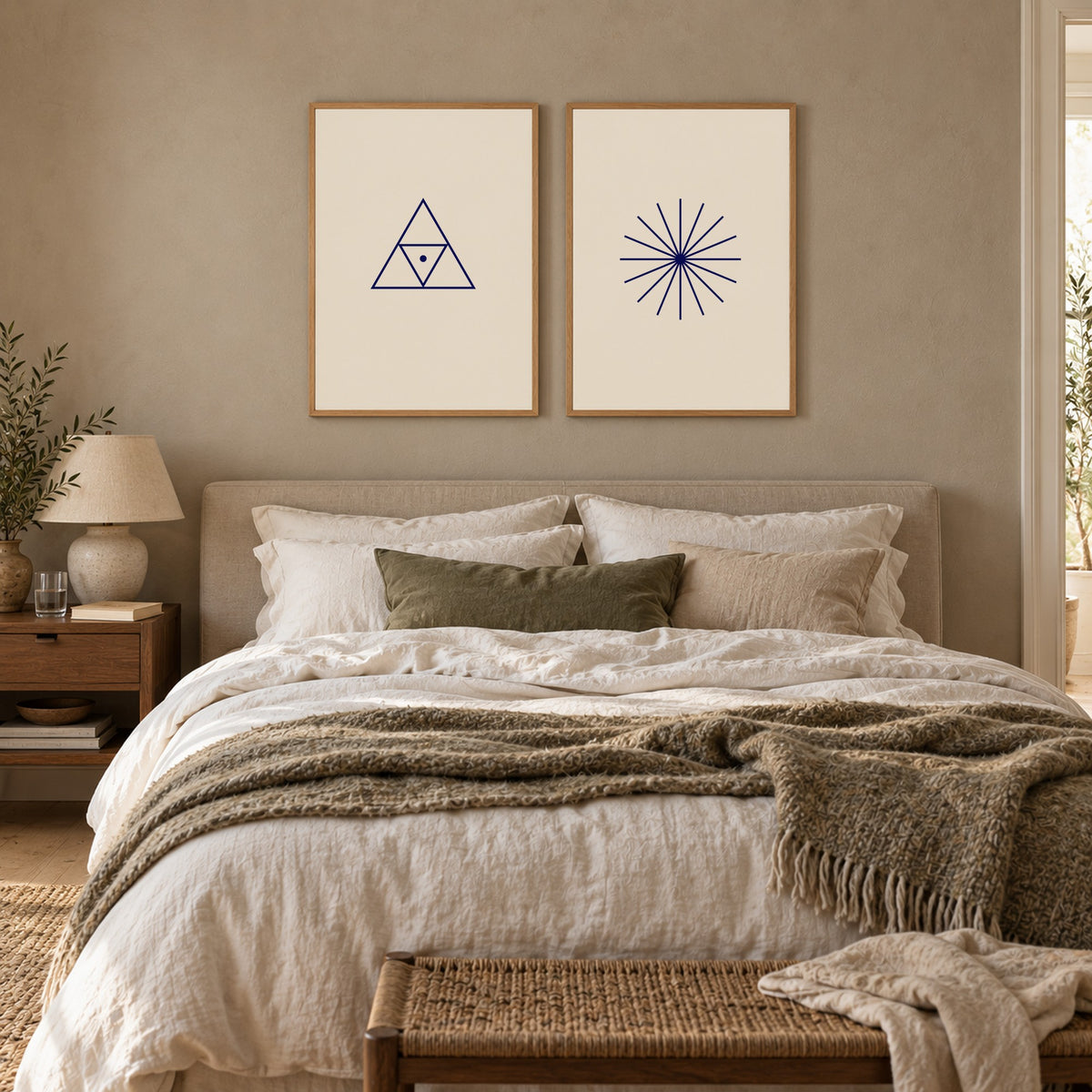 Posters Triad and Eight, sand, in oak frames above a bed
