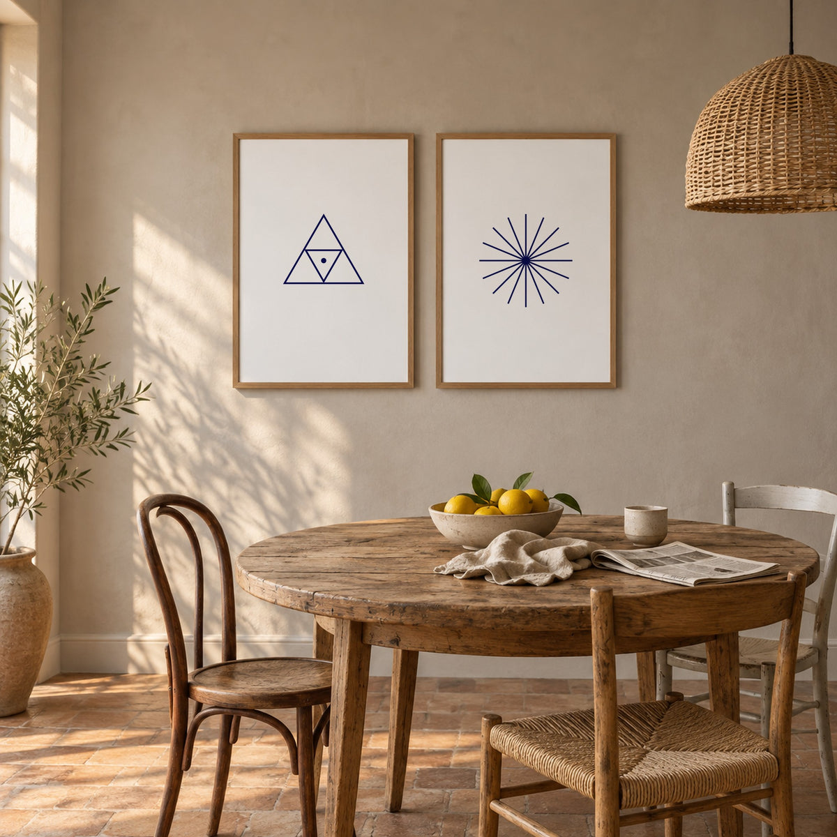 Posters Triad and Eight, white, in oak frames by a dining table