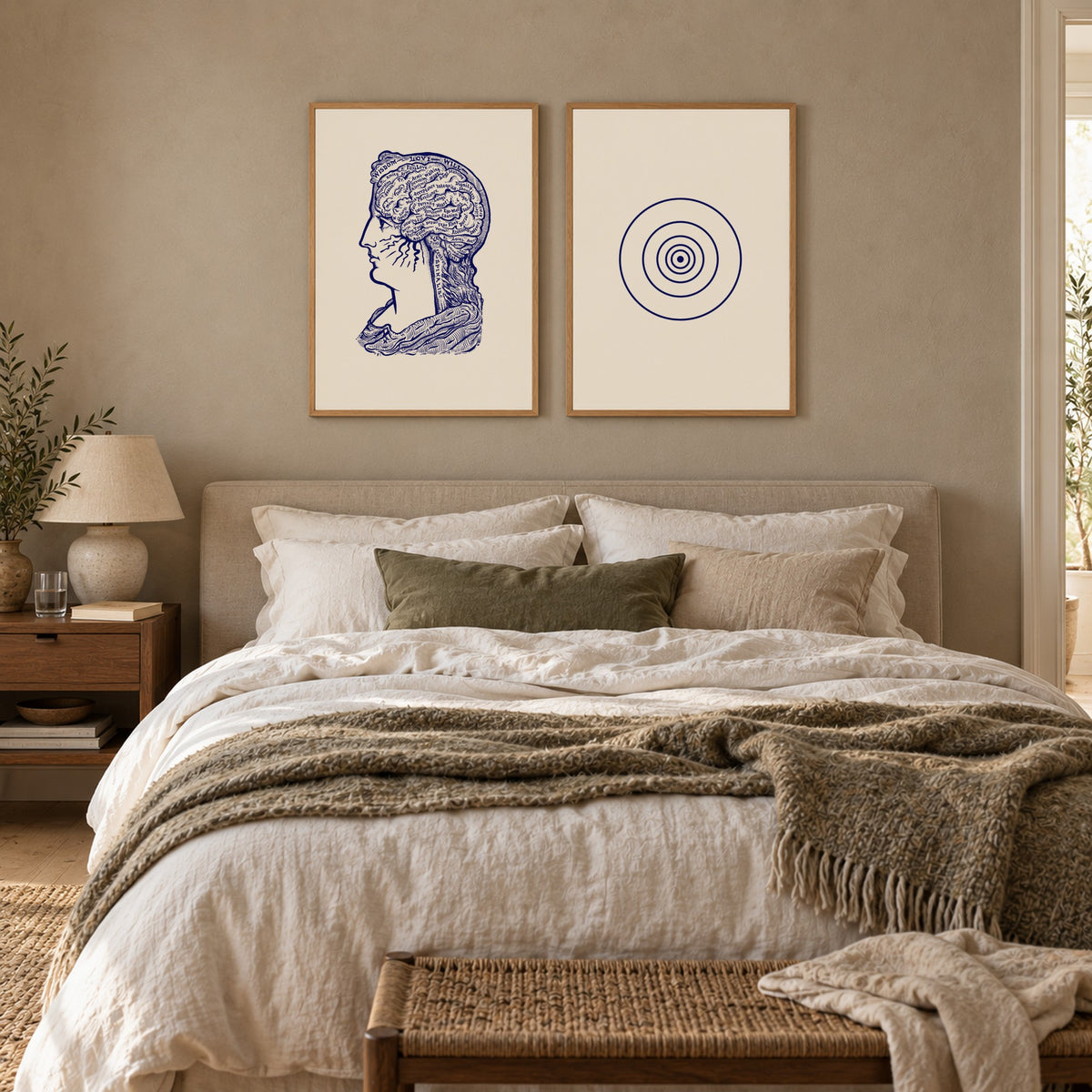 Posters Sereena and Breath, sand, in oak frames above a bed