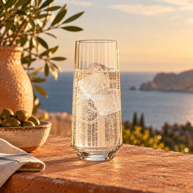 Highball glass with a sparkling drink and ice on a terracotta ledge by the sea