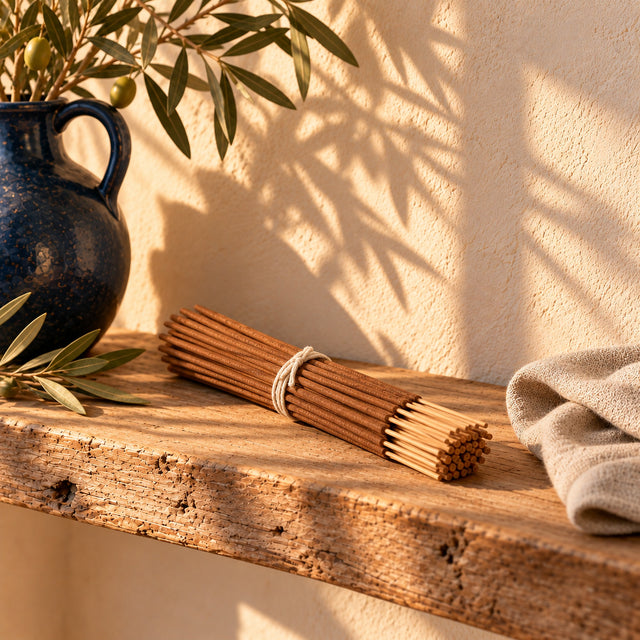 Bundle of palo santo incense sticks on a wooden shelf in warm afternoon light