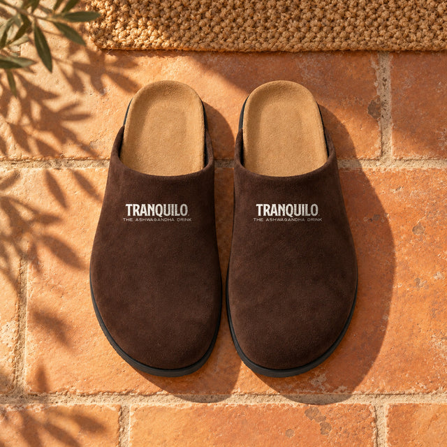 Dark brown suede mules with the Tranquilo logo on terracotta tiles