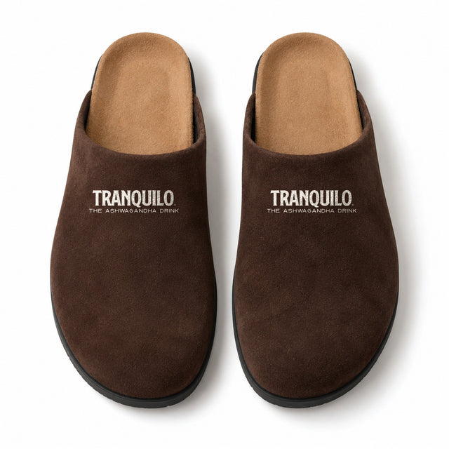 Dark brown suede mules with the Tranquilo logo in cream, seen from above