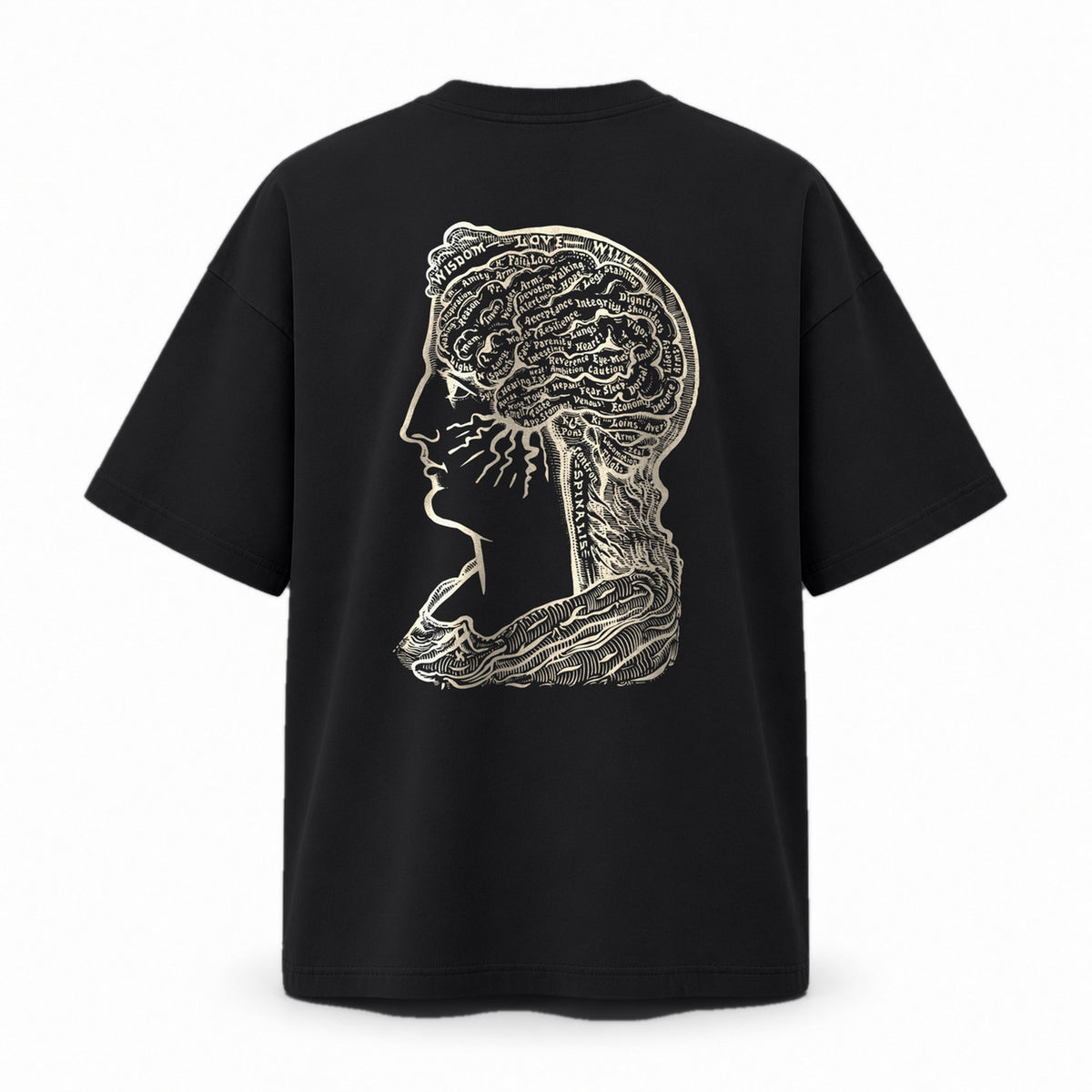 Back of the black oversized T-shirt with a large print of Sereena