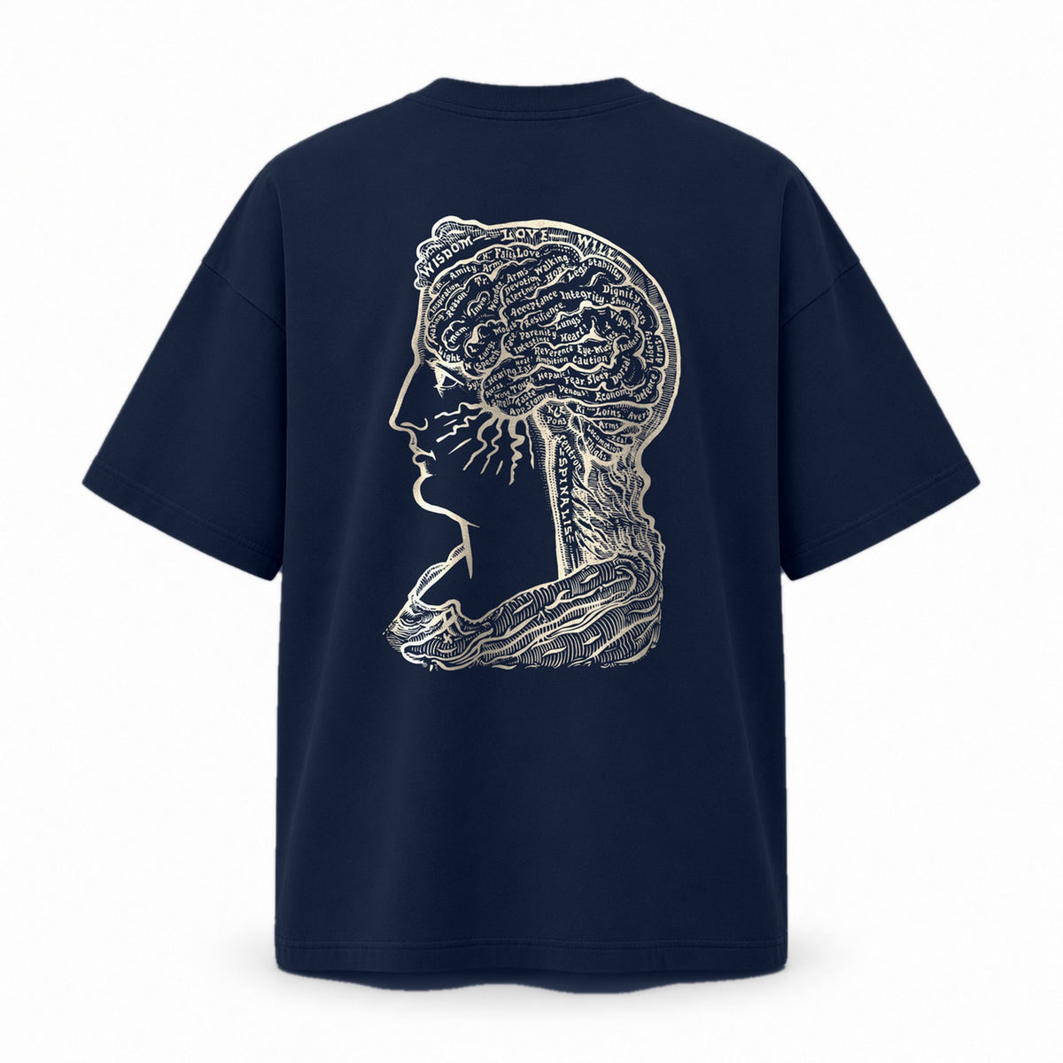 Back of the French navy oversized T-shirt with a large print of Sereena