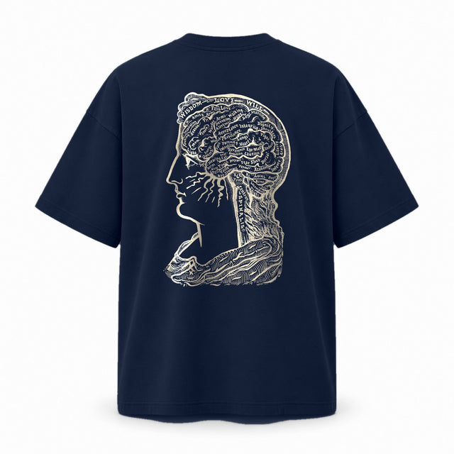 Back of the French navy oversized T-shirt with a large print of Sereena