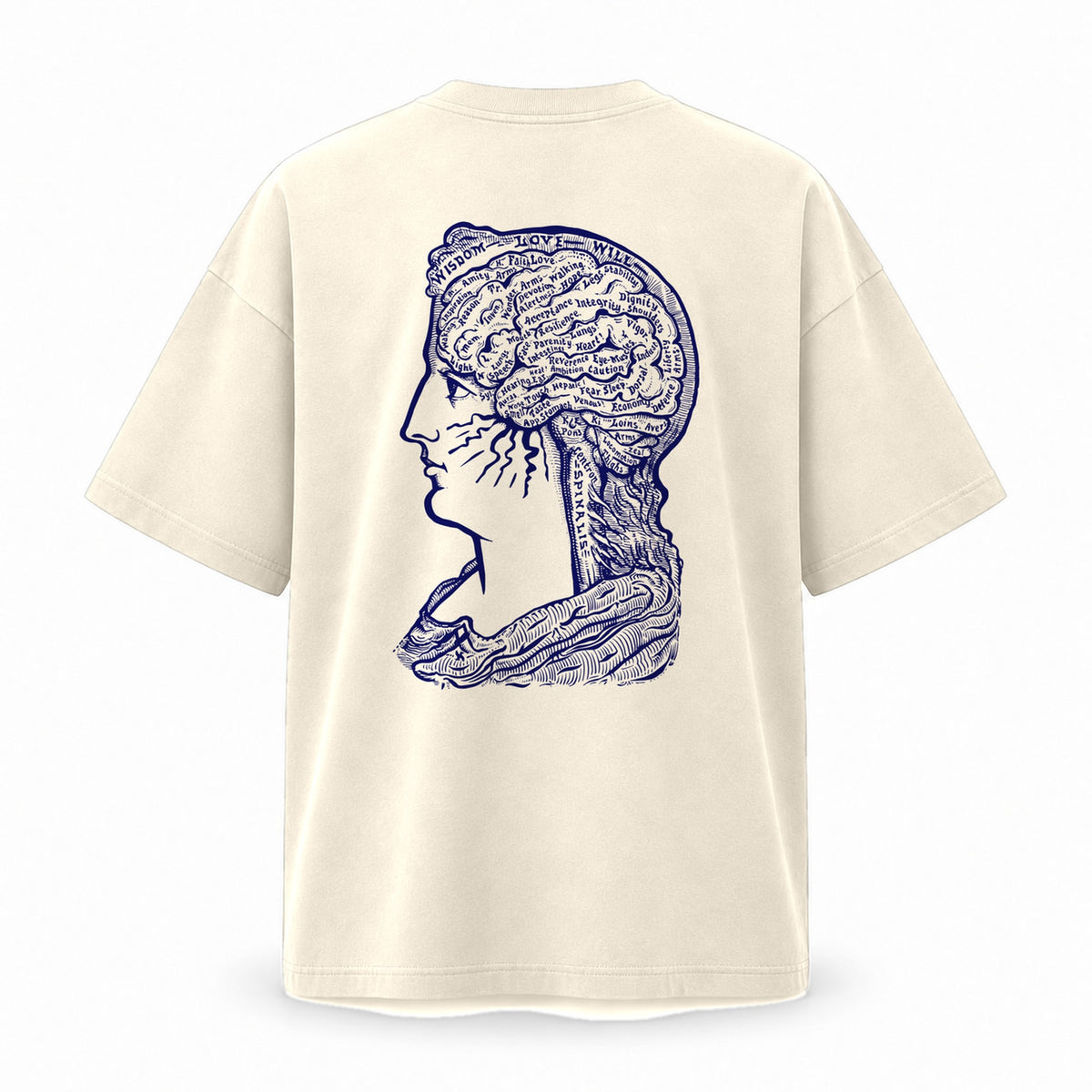 Back of the natural raw oversized T-shirt with a large print of Sereena