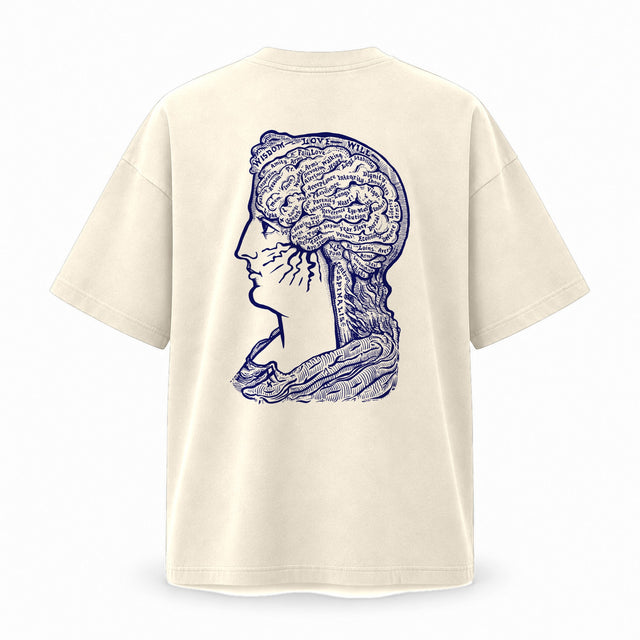 Back of the natural raw oversized T-shirt with a large print of Sereena