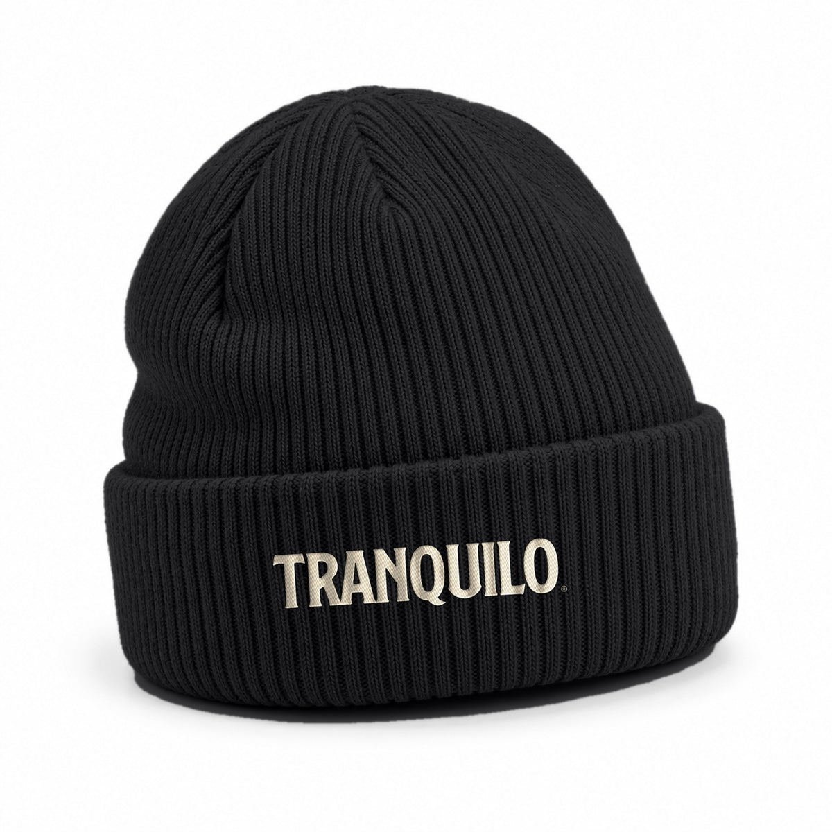 Black ribbed beanie with TRANQUILO embroidered on the cuff