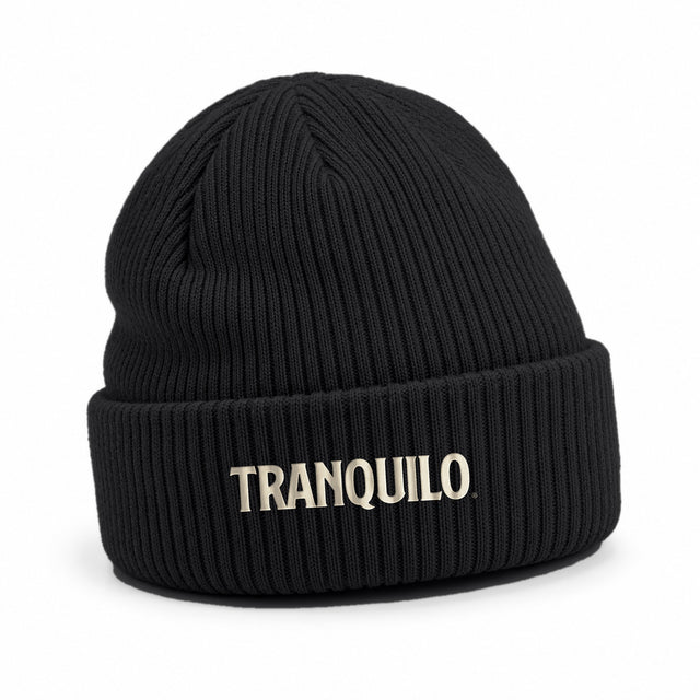 Black ribbed beanie with TRANQUILO embroidered on the cuff