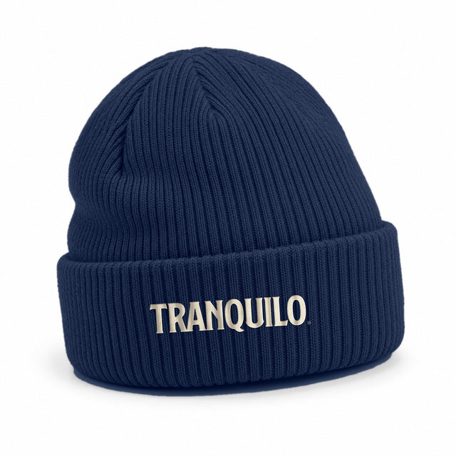 Oxford navy ribbed beanie with TRANQUILO embroidered on the cuff
