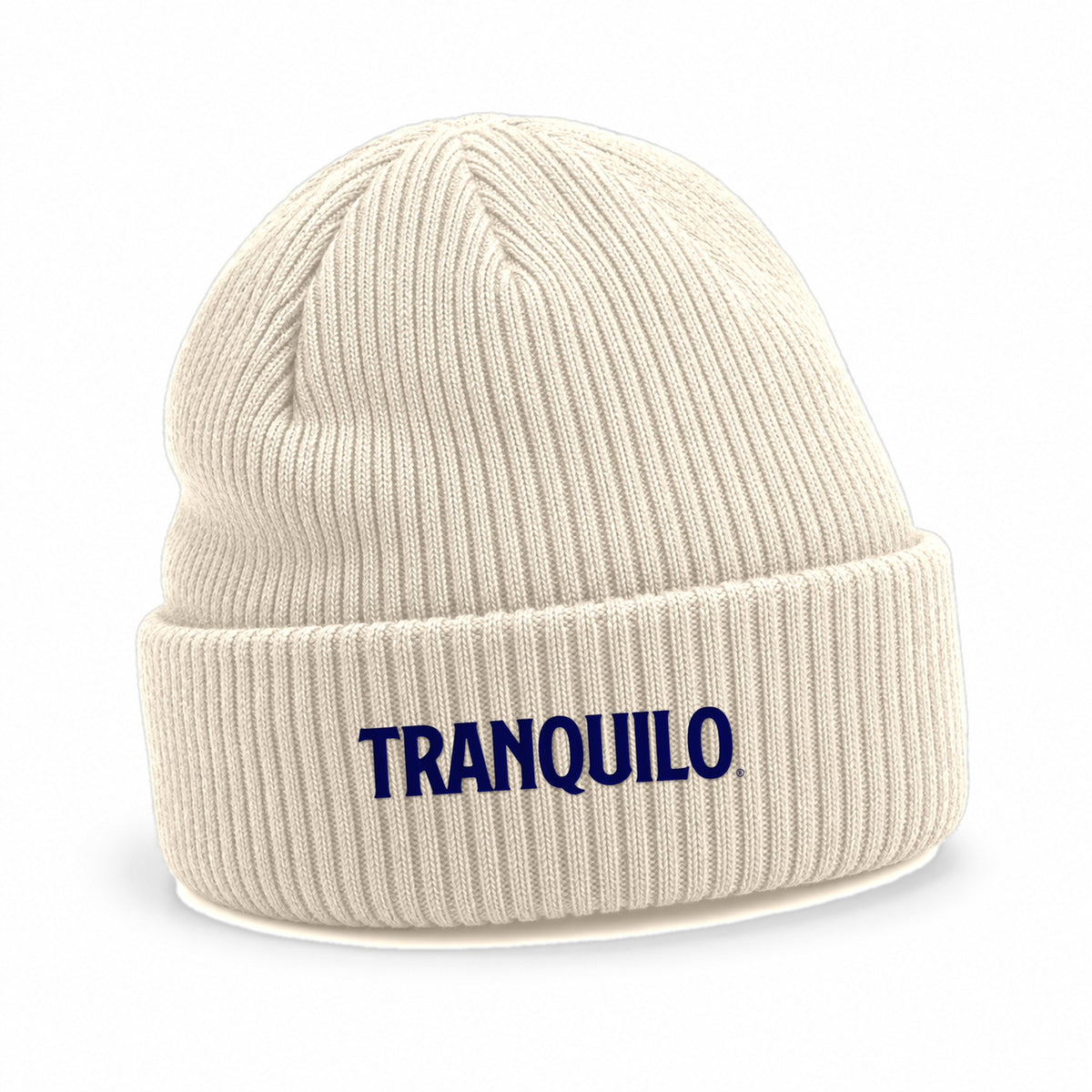 Sand ribbed beanie with TRANQUILO embroidered on the cuff
