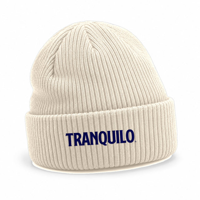 Sand ribbed beanie with TRANQUILO embroidered on the cuff