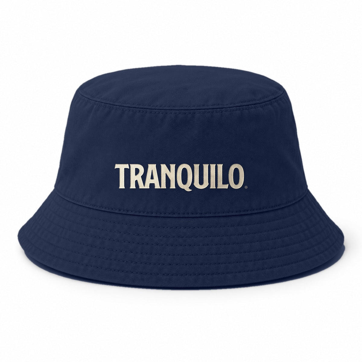 Navy bucket hat with TRANQUILO embroidered on the front
