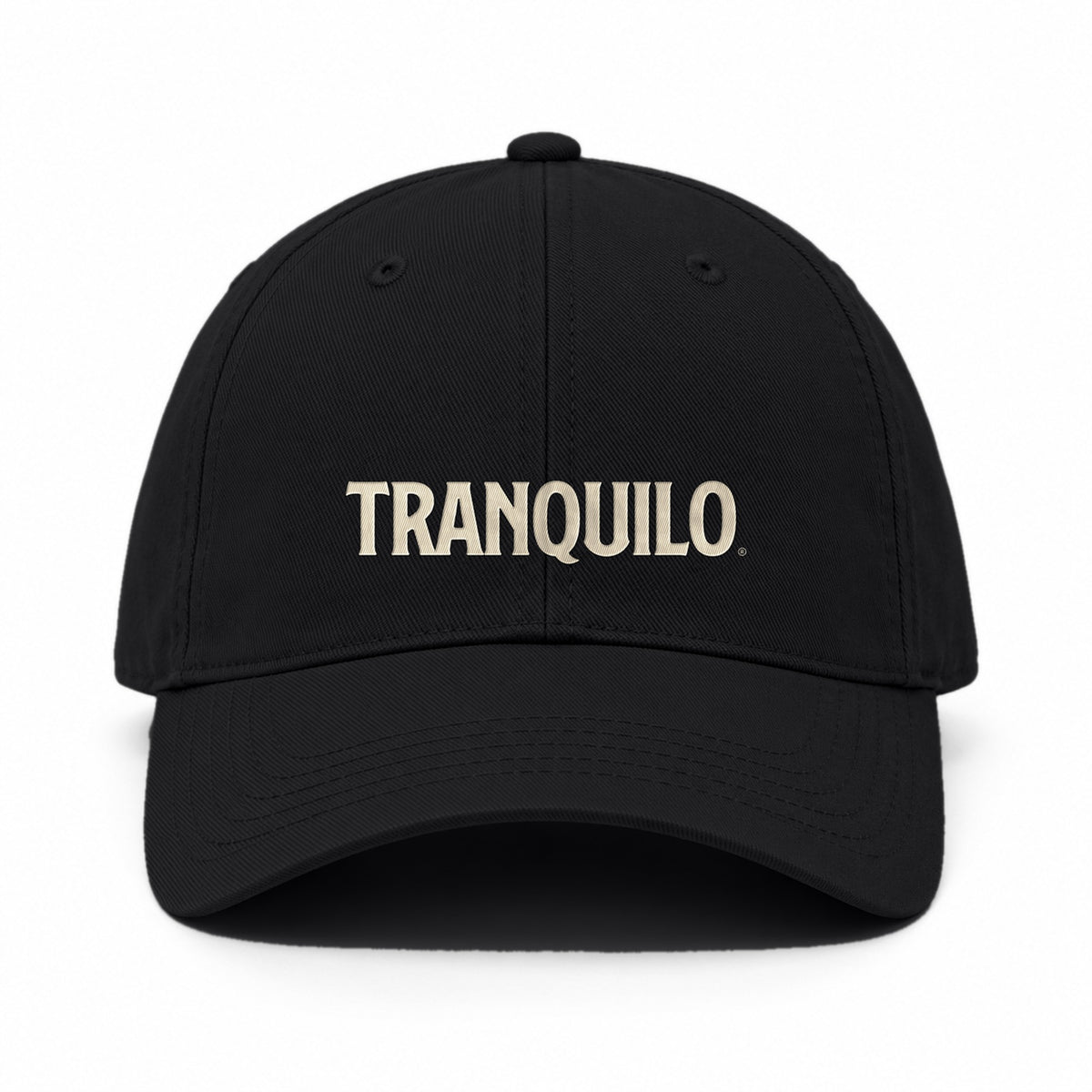 Black cap with TRANQUILO embroidered on the front