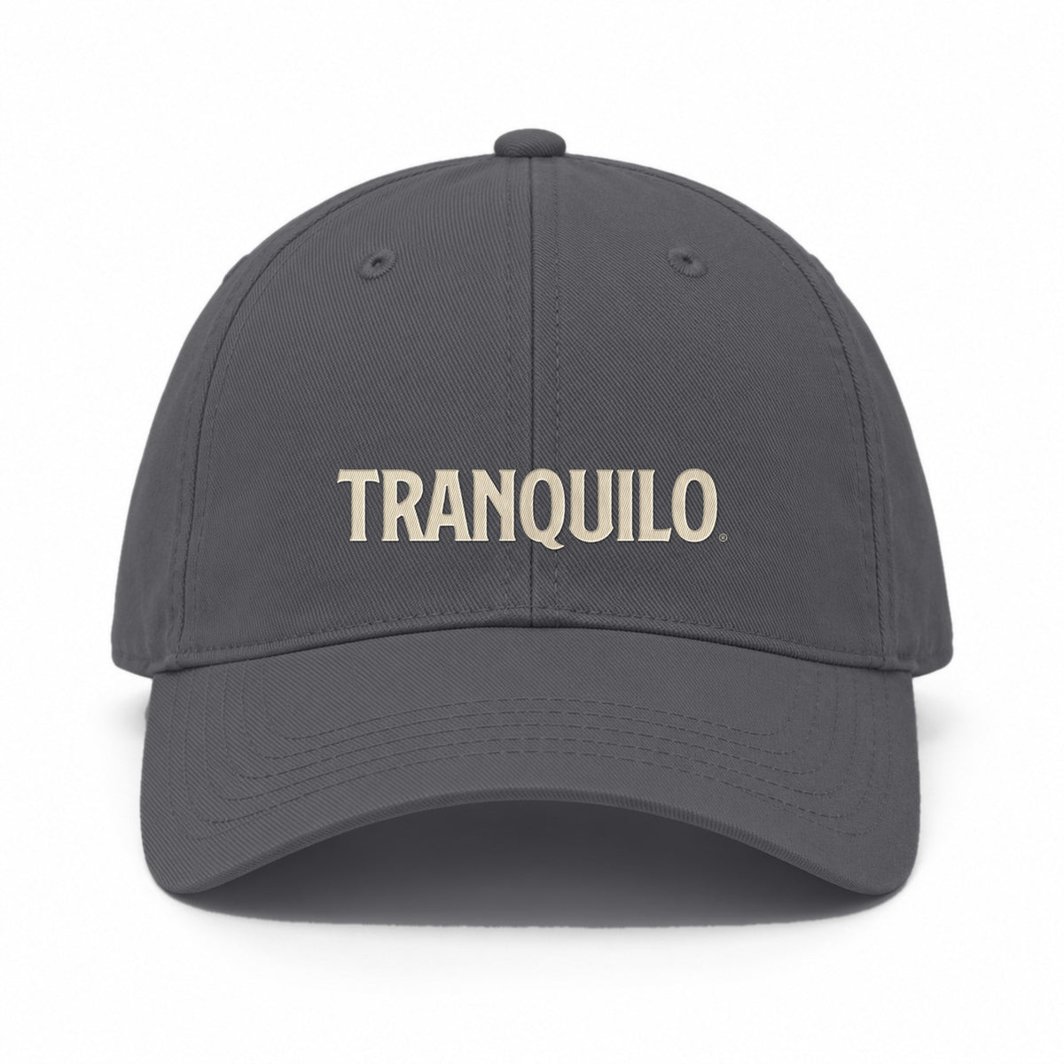 Charcoal cap with TRANQUILO embroidered on the front