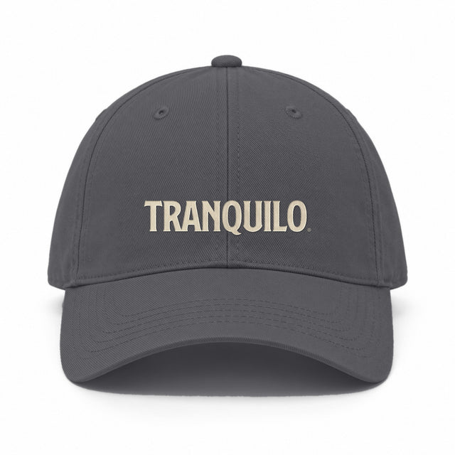 Charcoal cap with TRANQUILO embroidered on the front