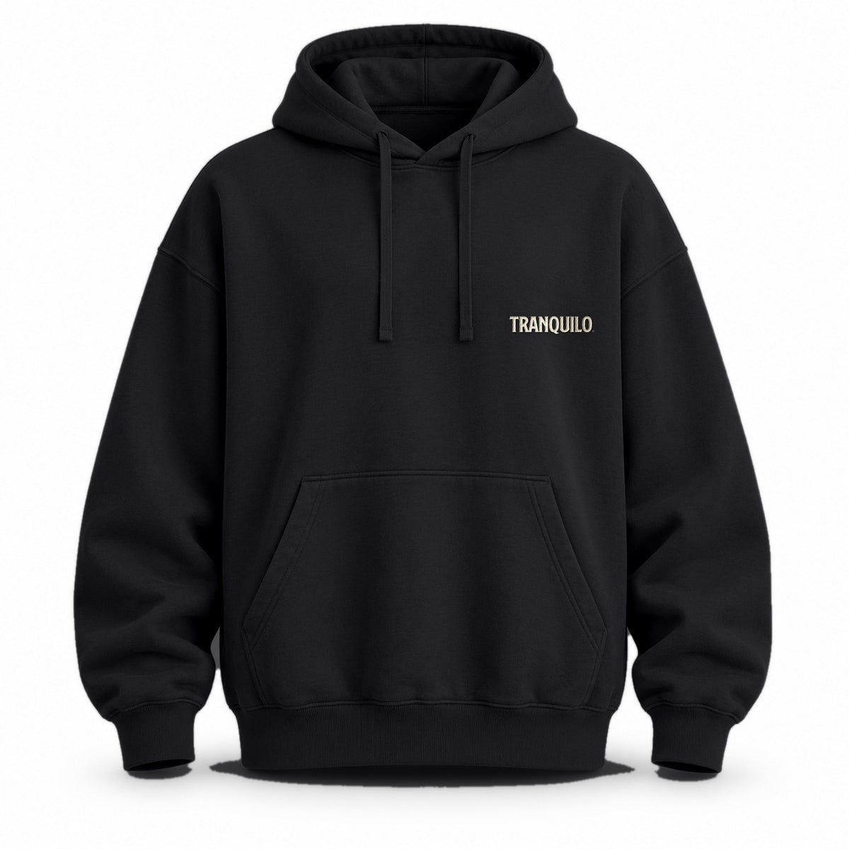 Black oversized hoodie with a small TRANQUILO on the left chest