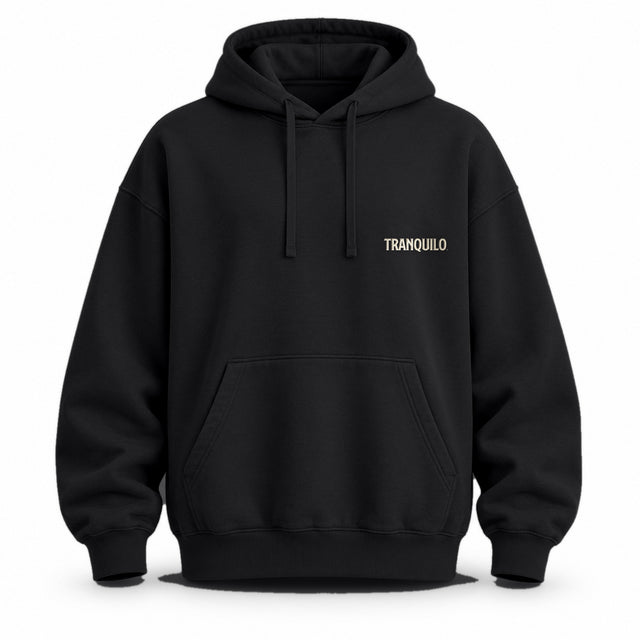 Black oversized hoodie with a small TRANQUILO on the left chest