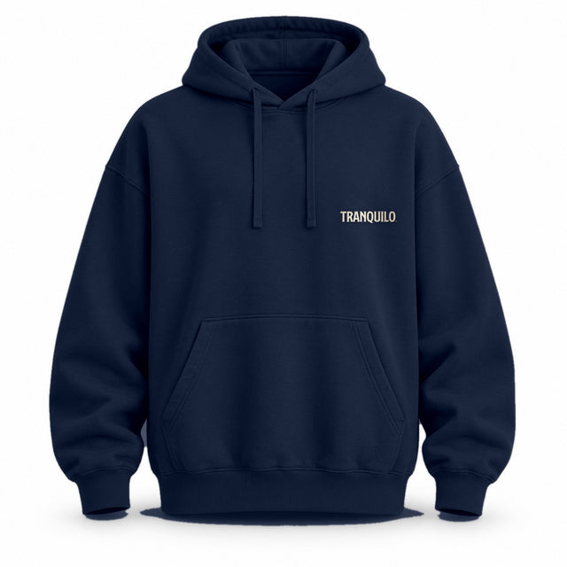 French navy oversized hoodie with a small TRANQUILO on the left chest
