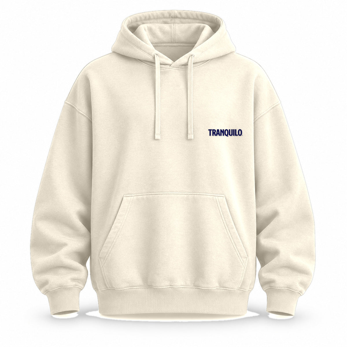 Natural raw oversized hoodie with a small TRANQUILO on the left chest