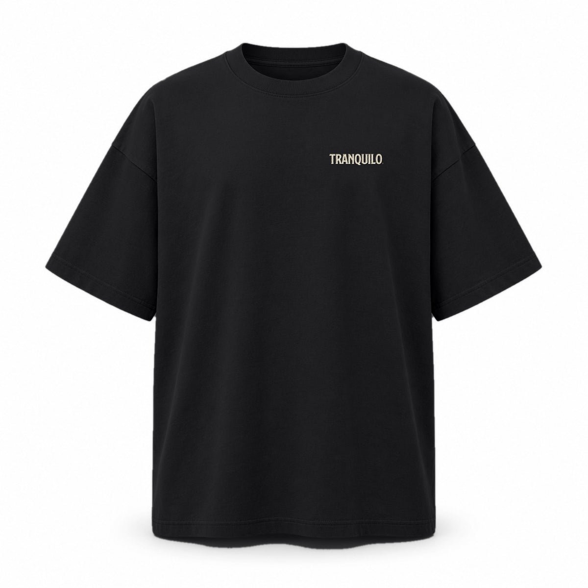 Black oversized T-shirt with a small TRANQUILO on the left chest