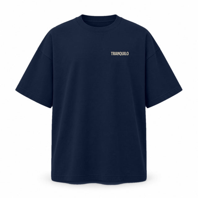 French navy oversized T-shirt with a small TRANQUILO on the left chest