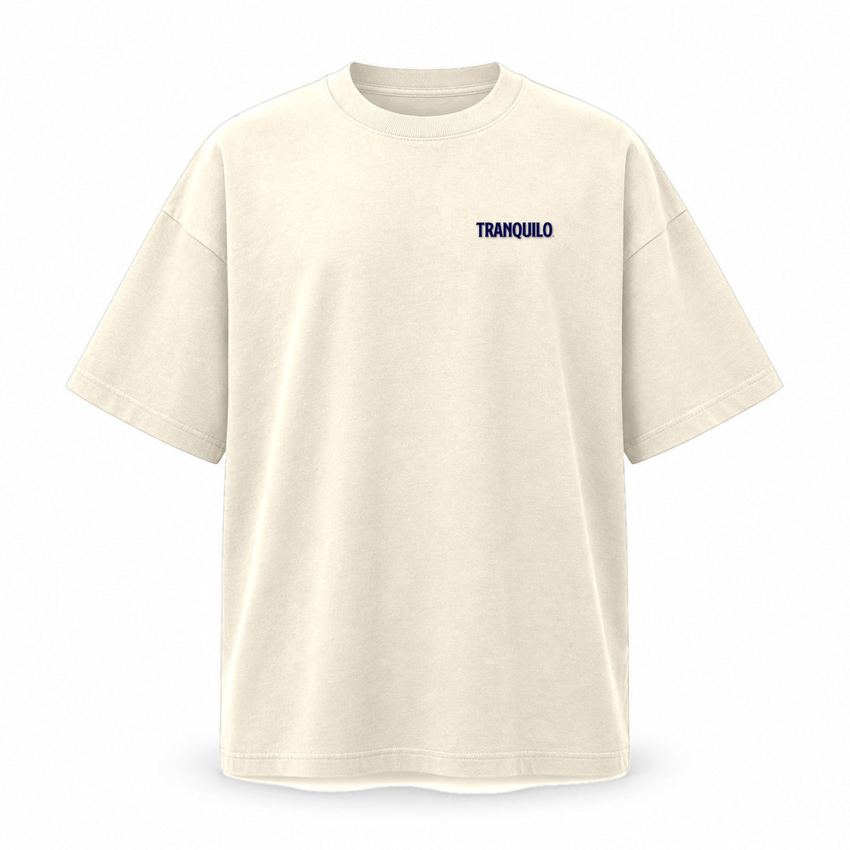 Natural raw oversized T-shirt with a small TRANQUILO on the left chest