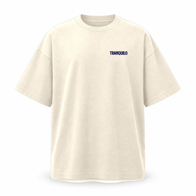 Natural raw oversized T-shirt with a small TRANQUILO on the left chest