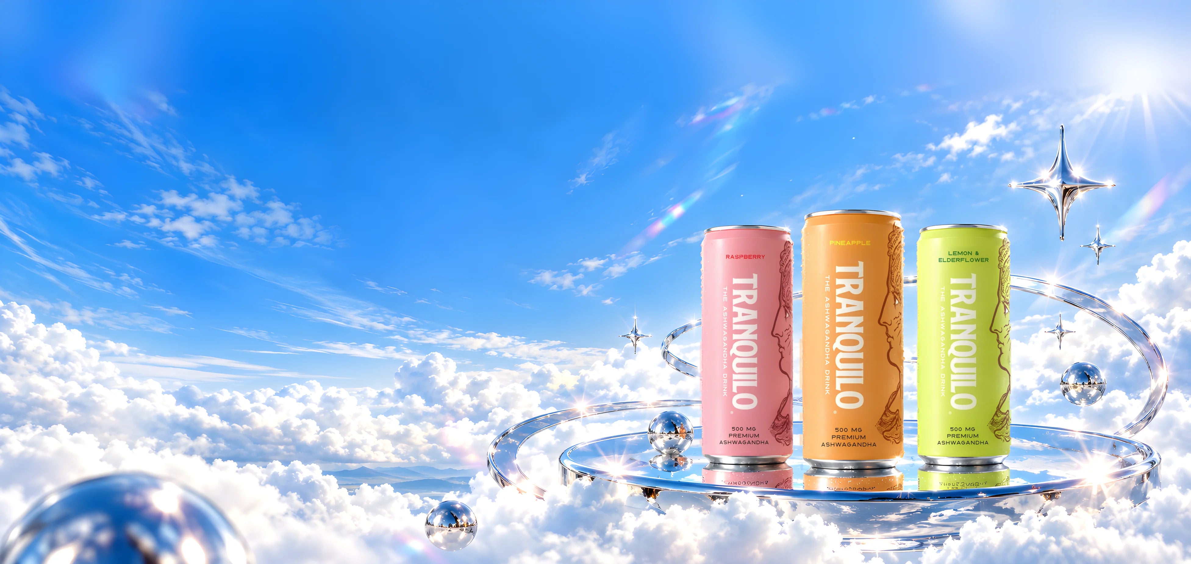 Tranquilo Raspberry, Pineapple and Lemon & Elderflower standing on a chrome disc above the clouds